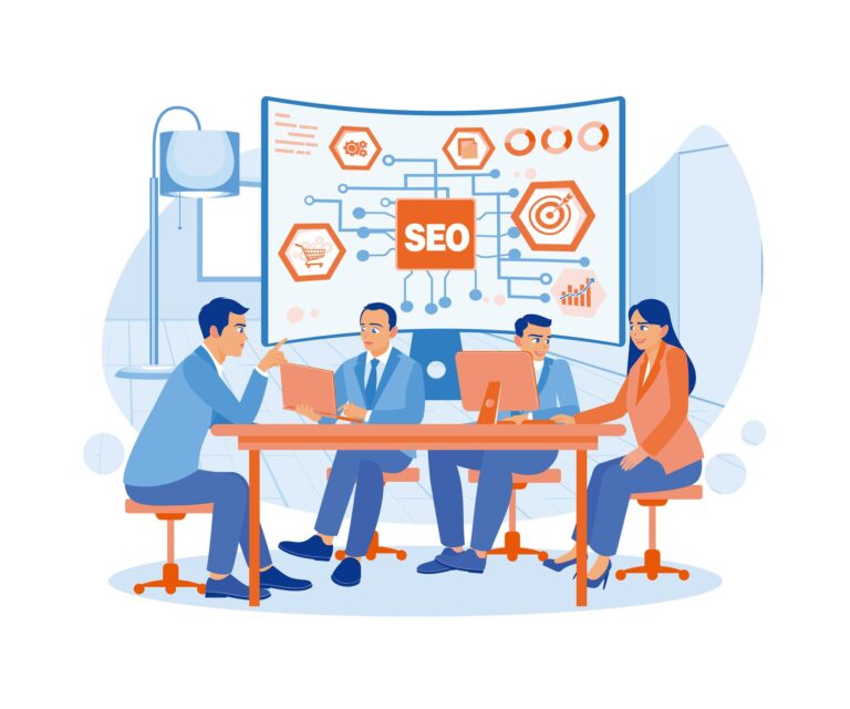 Équipe marketing structurant un centre de ressources B2B pour le référencement