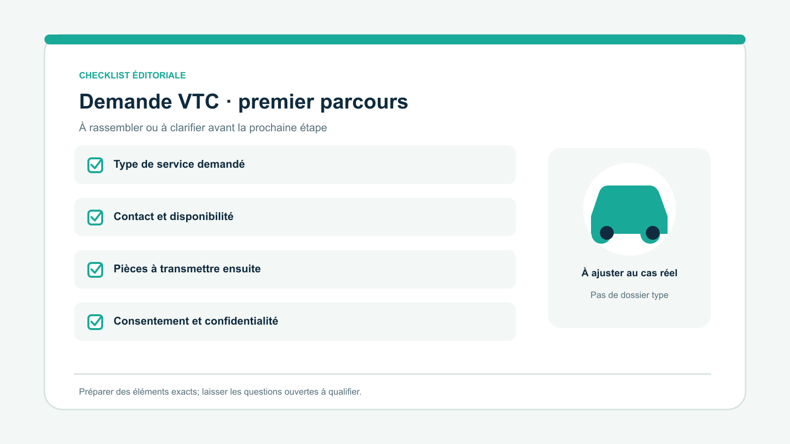 Checklist vectorielle originale de quatre points à examiner pour demande vtc · premier parcours : Type de service demandé; Contact et disponibilité; Pièces à transmettre ensuite; Consentement et confidentialité. À adapter à la situation réelle.