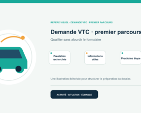 Illustration vectorielle originale représentant demande vtc · premier parcours avec un symbole éditorial et trois repères de préparation; aucun client, contrat ou résultat réel n’est représenté.