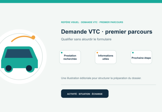 Illustration vectorielle originale représentant demande vtc · premier parcours avec un symbole éditorial et trois repères de préparation; aucun client, contrat ou résultat réel n’est représenté.