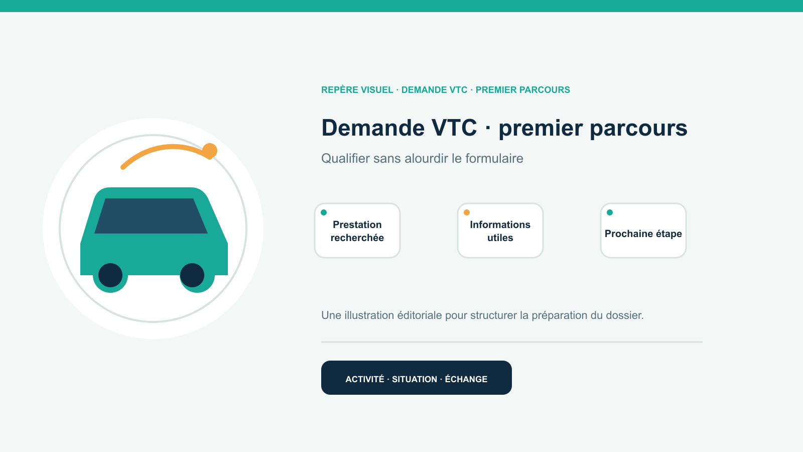 Illustration vectorielle originale représentant demande vtc · premier parcours avec un symbole éditorial et trois repères de préparation; aucun client, contrat ou résultat réel n’est représenté.