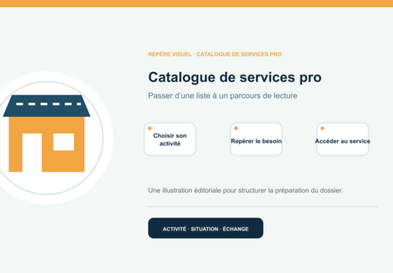 Illustration vectorielle originale représentant catalogue de services pro avec un symbole éditorial et trois repères de préparation; aucun client, contrat ou résultat réel n’est représenté.