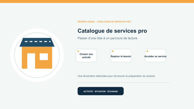 Illustration vectorielle originale représentant catalogue de services pro avec un symbole éditorial et trois repères de préparation; aucun client, contrat ou résultat réel n’est représenté.