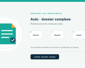 Illustration vectorielle originale représentant auto · dossier complexe avec un symbole éditorial et trois repères de préparation; aucun client, contrat ou résultat réel n’est représenté.