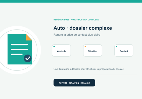 Illustration vectorielle originale représentant auto · dossier complexe avec un symbole éditorial et trois repères de préparation; aucun client, contrat ou résultat réel n’est représenté.