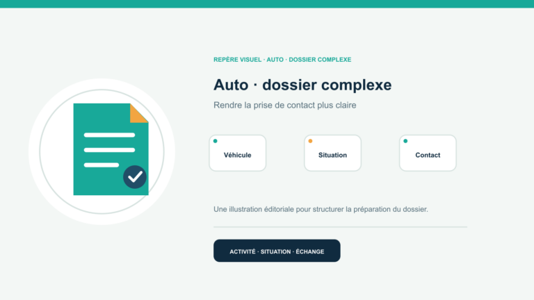 Illustration vectorielle originale représentant auto · dossier complexe avec un symbole éditorial et trois repères de préparation; aucun client, contrat ou résultat réel n’est représenté.