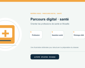 Illustration vectorielle originale représentant parcours digital · santé avec un symbole éditorial et trois repères de préparation; aucun client, contrat ou résultat réel n’est représenté.