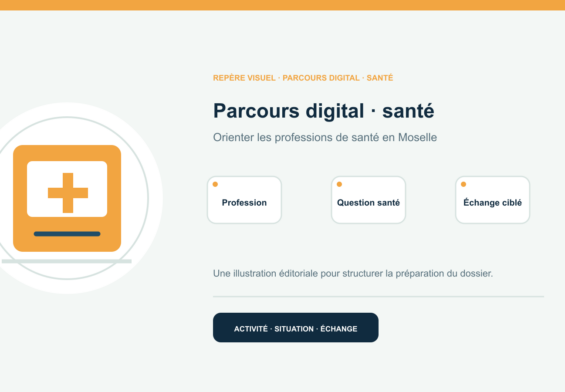 Illustration vectorielle originale représentant parcours digital · santé avec un symbole éditorial et trois repères de préparation; aucun client, contrat ou résultat réel n’est représenté.
