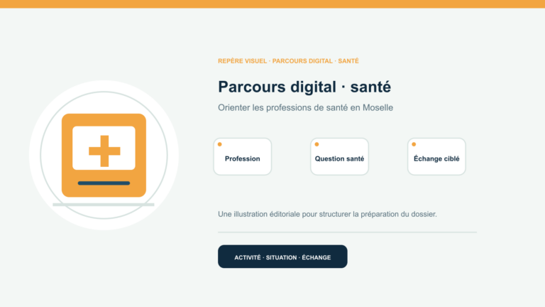 Illustration vectorielle originale représentant parcours digital · santé avec un symbole éditorial et trois repères de préparation; aucun client, contrat ou résultat réel n’est représenté.