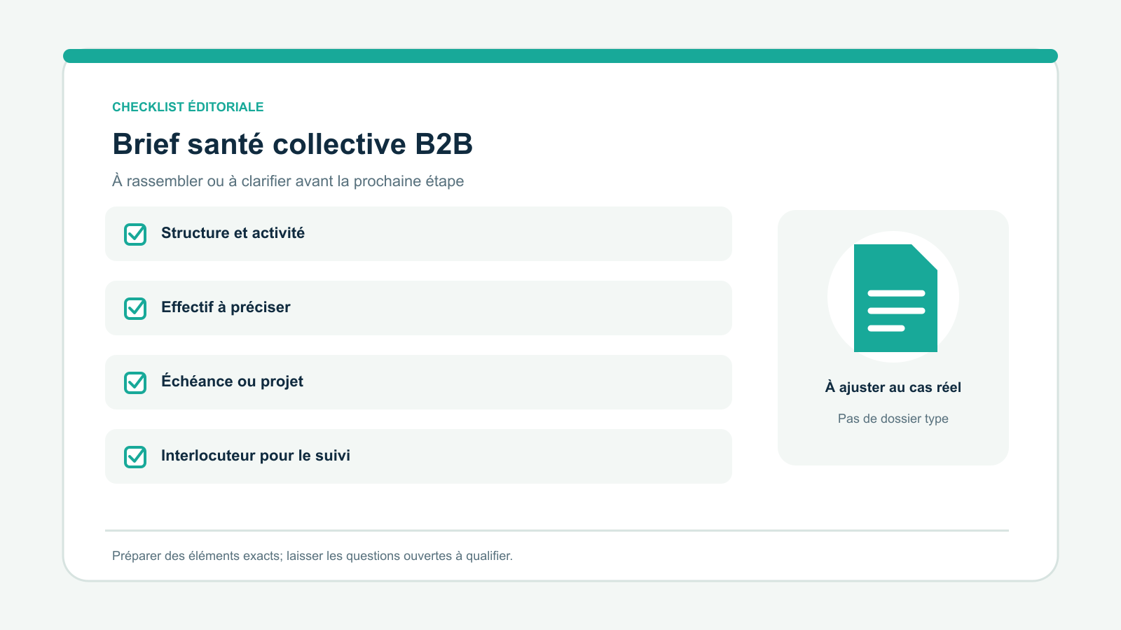 Checklist vectorielle originale de quatre points à examiner pour brief santé collective b2b : Structure et activité; Effectif à préciser; Échéance ou projet; Interlocuteur pour le suivi. À adapter à la situation réelle.