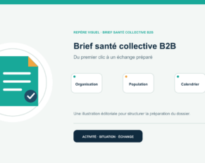 Illustration vectorielle originale représentant brief santé collective b2b avec un symbole éditorial et trois repères de préparation; aucun client, contrat ou résultat réel n’est représenté.