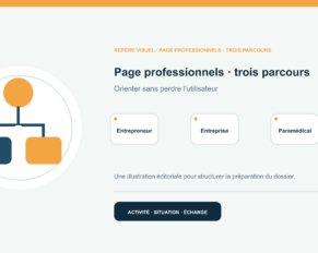 Illustration vectorielle originale représentant page professionnels · trois parcours avec un symbole éditorial et trois repères de préparation; aucun client, contrat ou résultat réel n’est représenté.