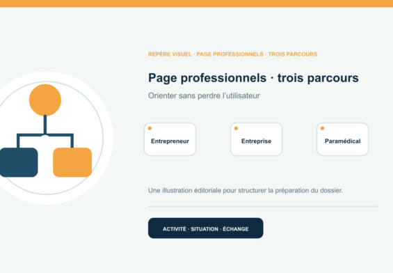 Illustration vectorielle originale représentant page professionnels · trois parcours avec un symbole éditorial et trois repères de préparation; aucun client, contrat ou résultat réel n’est représenté.