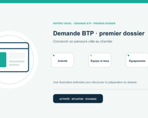 Illustration vectorielle originale représentant demande btp · premier dossier avec un symbole éditorial et trois repères de préparation; aucun client, contrat ou résultat réel n’est représenté.