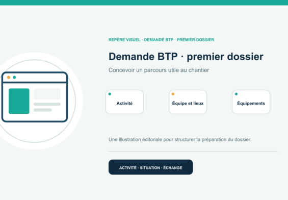 Illustration vectorielle originale représentant demande btp · premier dossier avec un symbole éditorial et trois repères de préparation; aucun client, contrat ou résultat réel n’est représenté.