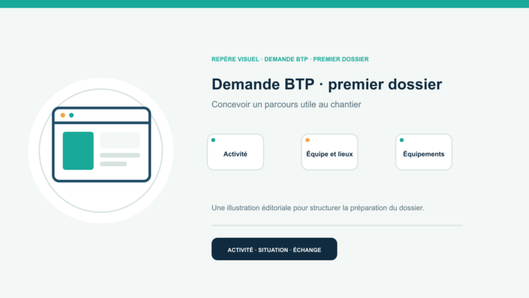 Illustration vectorielle originale représentant demande btp · premier dossier avec un symbole éditorial et trois repères de préparation; aucun client, contrat ou résultat réel n’est représenté.