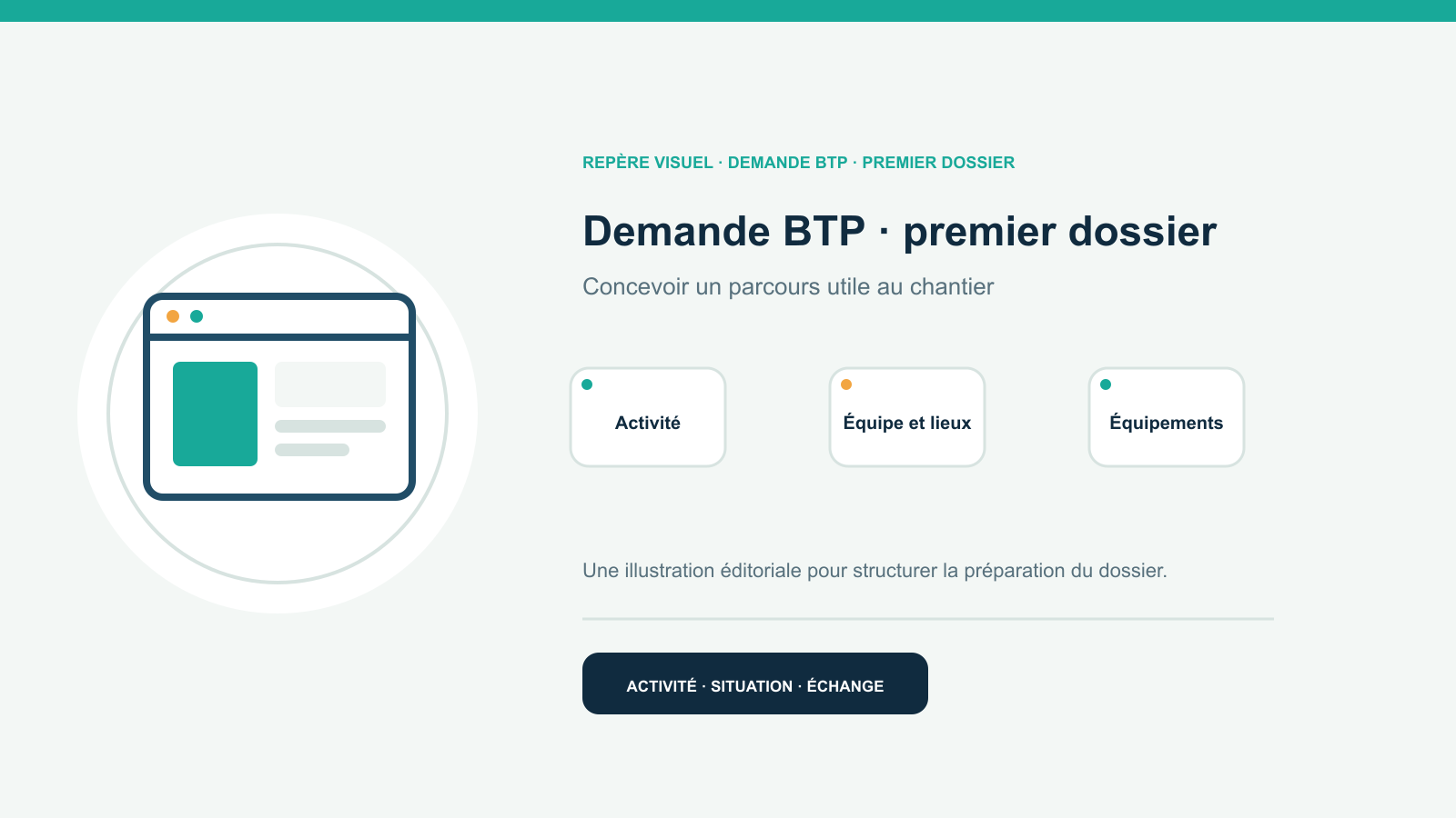 Illustration vectorielle originale représentant demande btp · premier dossier avec un symbole éditorial et trois repères de préparation; aucun client, contrat ou résultat réel n’est représenté.